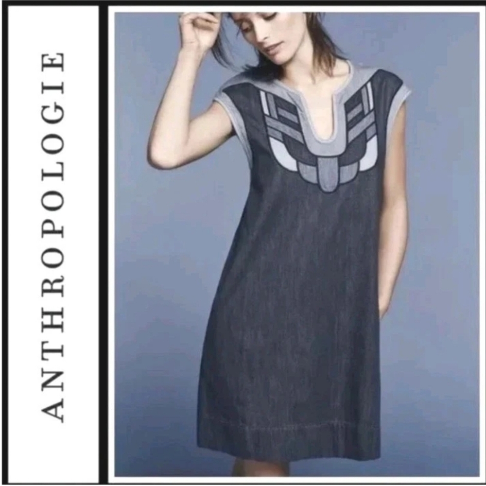 Anthropologie X Holding Horses Sanara Mini Blue Jean Dress Sm Denim Pockets Boho